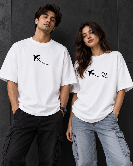 Couple Oversized White Airplane Heart Graphic T-Shirts