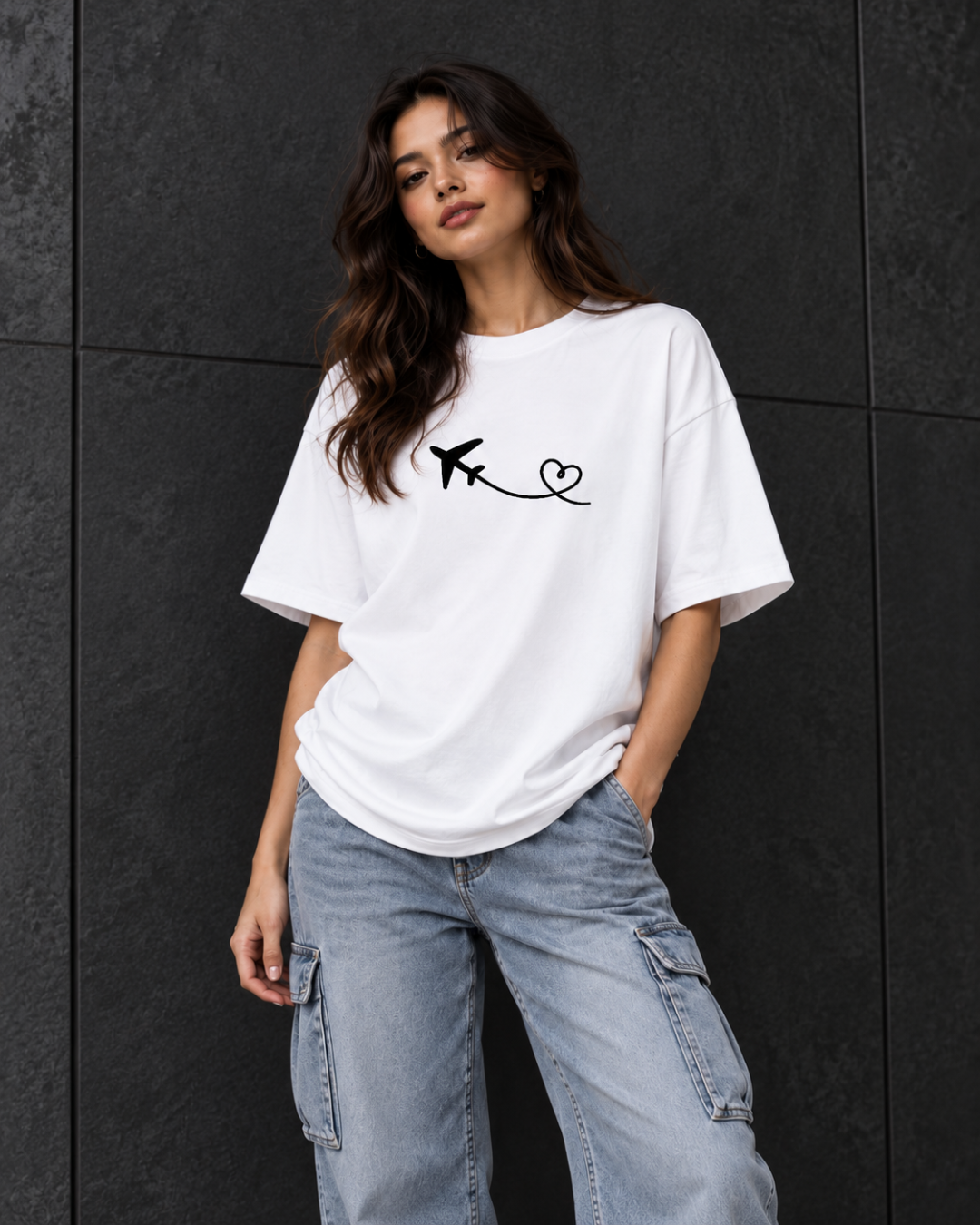 Couple Oversized White Airplane Heart Graphic T-Shirts