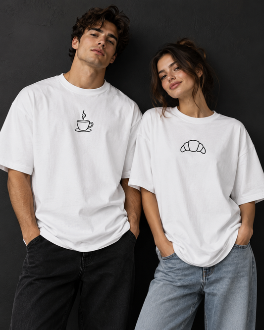 Couple Oversized White Coffee & Croissant T-Shirts