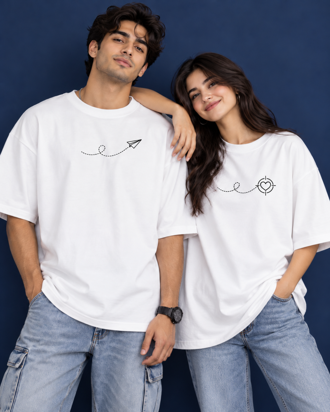 Couple Oversized White Paper Plane & Heart Graphic T-Shirts