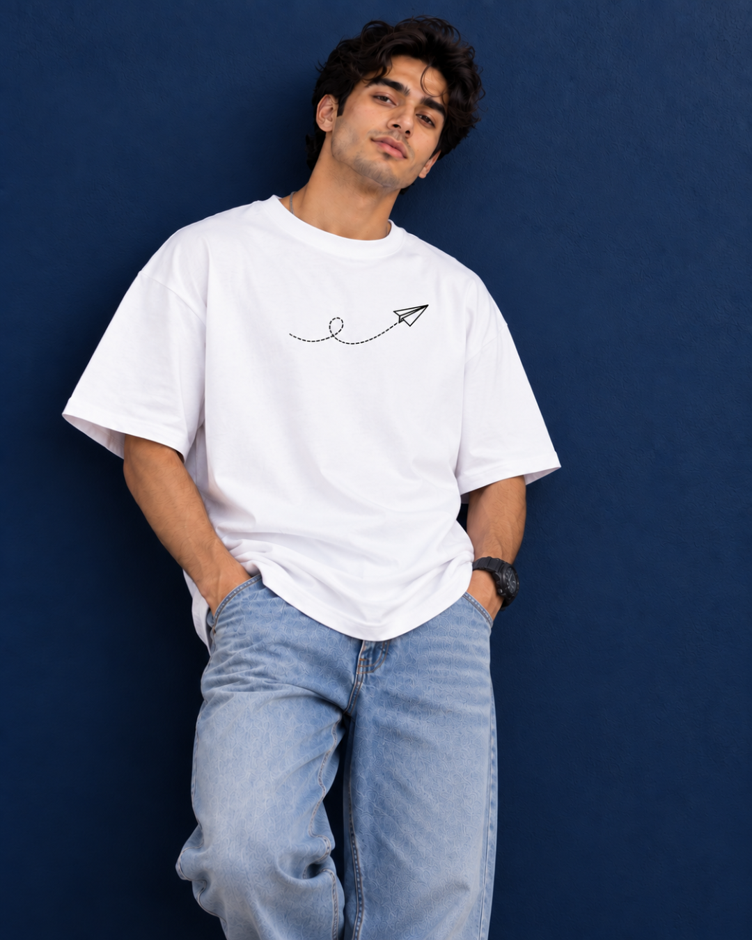 Couple Oversized White Paper Plane & Heart Graphic T-Shirts
